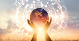 Abstract science. Hands touching earth and circle global network connection, data exchanges worldwide on city sunset background. Innovation. Creative and inspiration. Idea and imagination. Networking and technology concept