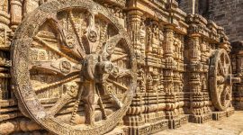 View at the Decorative stone relief wheels of Konark Sun Temple - India, Odisha