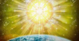 Power of wheel of truth shining to the earth on dark background. Digital paint. Watercolor style.